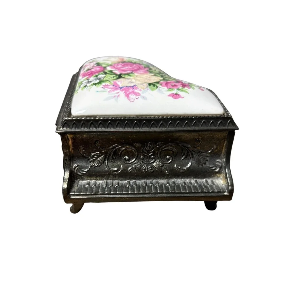 Vintage Grand Piano Music Box Jewelry Trinket Case Floral Porcelain Inlay Silver
